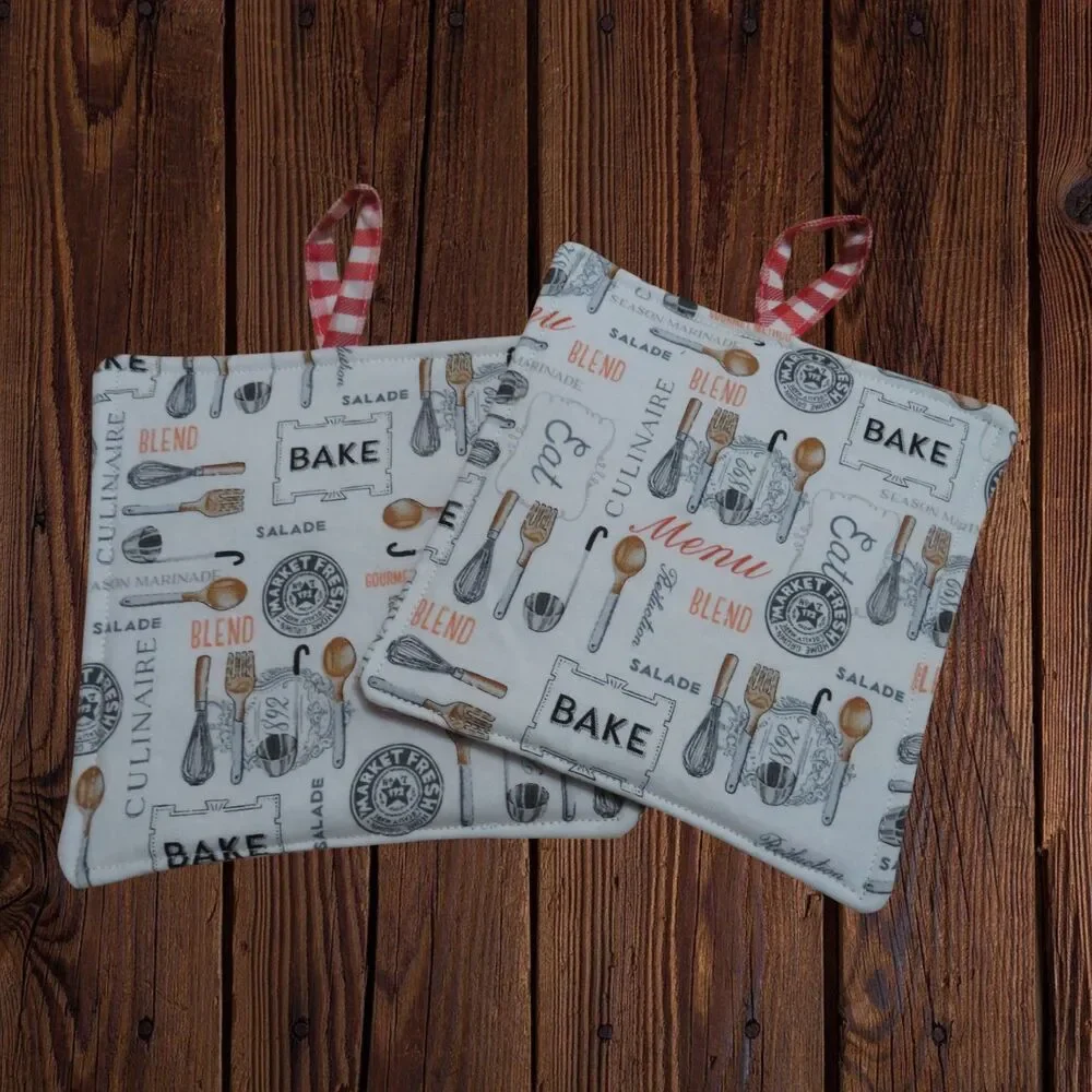 Handmade Potholder, Set of 2, Reversible Baking and Red Gingham Hot Pads